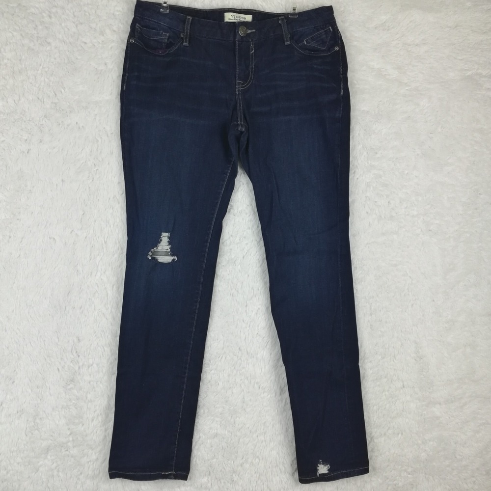 Vigoss Womens Jeans Skinny Blue Denim Ripped Dark Wash Whiskering Mid Rise 29